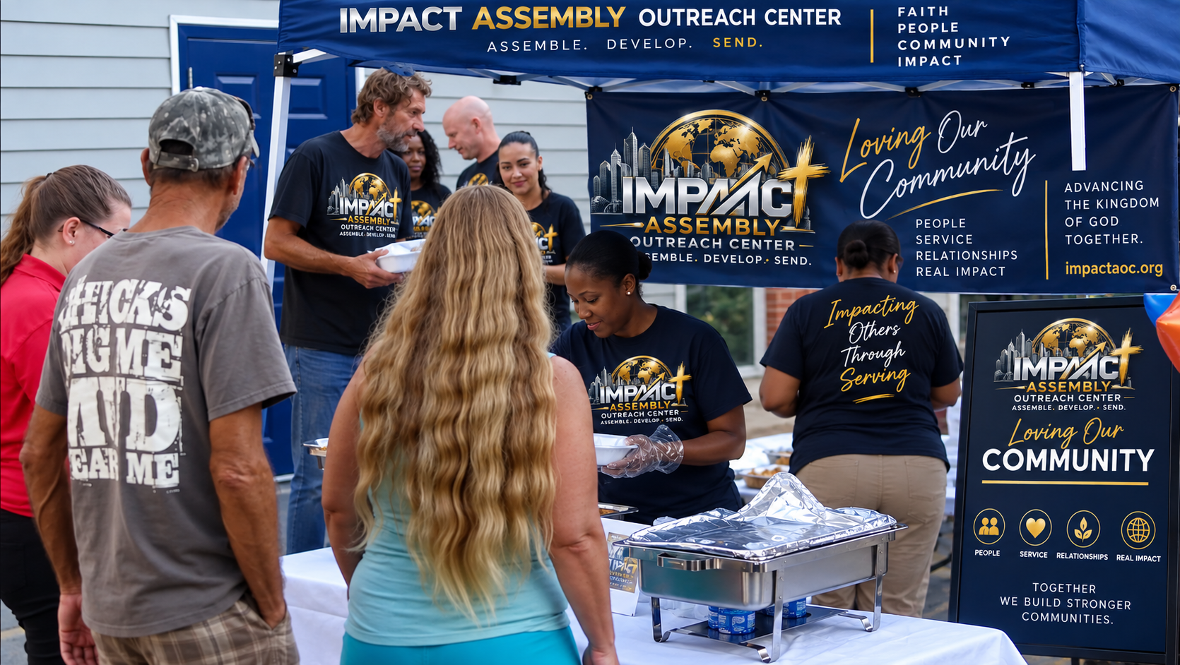IAOC volunteer serving food to neighbors at a community outreach event
